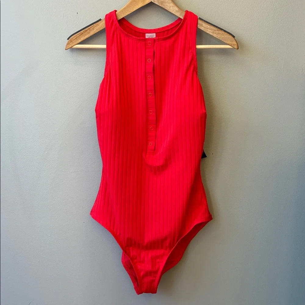 S3 Swim One Piece Red Ribbed Swimsuit, Large - Picture 2 of 6